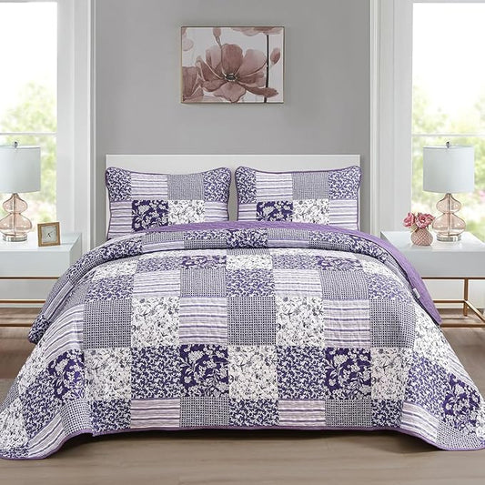 Mybedsoul Purple Twin Quilt Dorm Bedding, Patchwork Floral Bedding Set | Soft Lightweight Microfiber Floral Coverlet Set, 2 Pieces Plaid Reversible Bedspread, Bed Sets for All Seasons 68"x86"