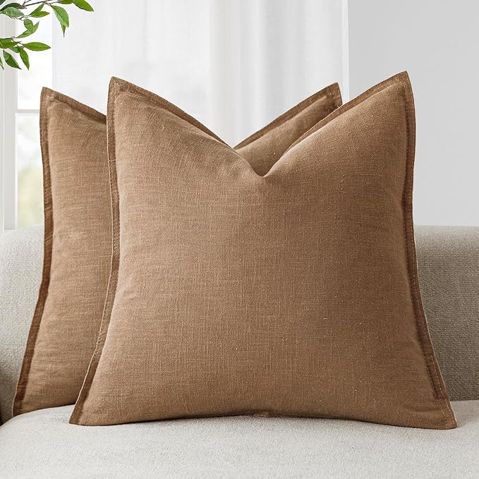 Foindtower Linen Solid Decorative Throw Pillow Covers 24x24 Light Brown | Boho Farmhouse Morden Pillowcase,Pack of 2 Soft Accent Cushion Covers,Rustic Home Decor for Chair Couch Bedroom Living Room