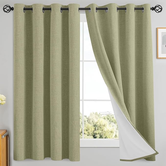 Yakamok Sage Linen Textured Curtains 63 Inches Long for Living Room | 100% Blackout Curtains,Room Darkening Curtains,Thermal Grommet Bedroom Curtain 2 Panels with Greyish White Liner,52W x 63L