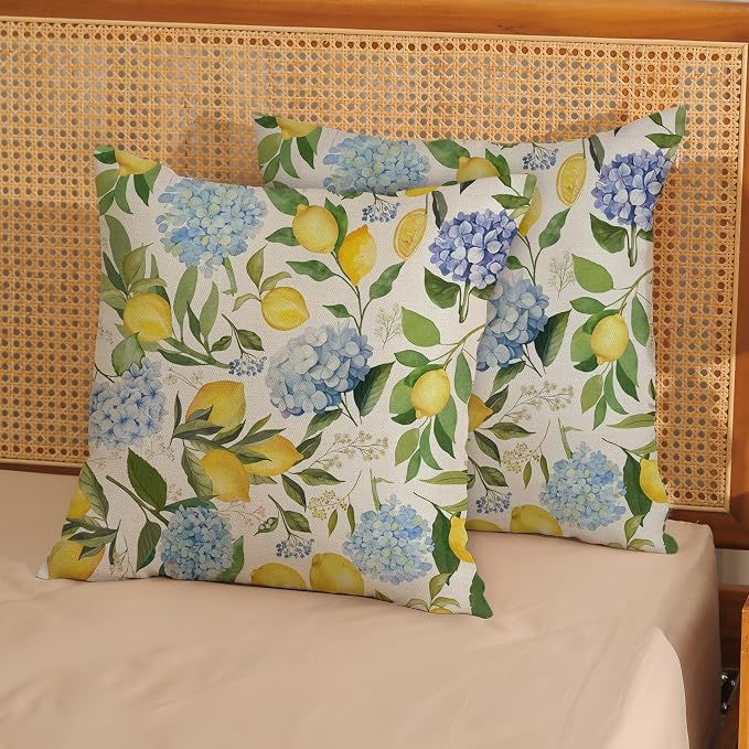 Blue Yellow Pillow Covers 16x16 Inch 2 Pcs Blue Hydrangea Floral Decor Throw Pillows Vintage Lemon Flower Seasonal Summer Outdoor Decoration Pillowcase Linen Cushion Cover for Couch Sofa