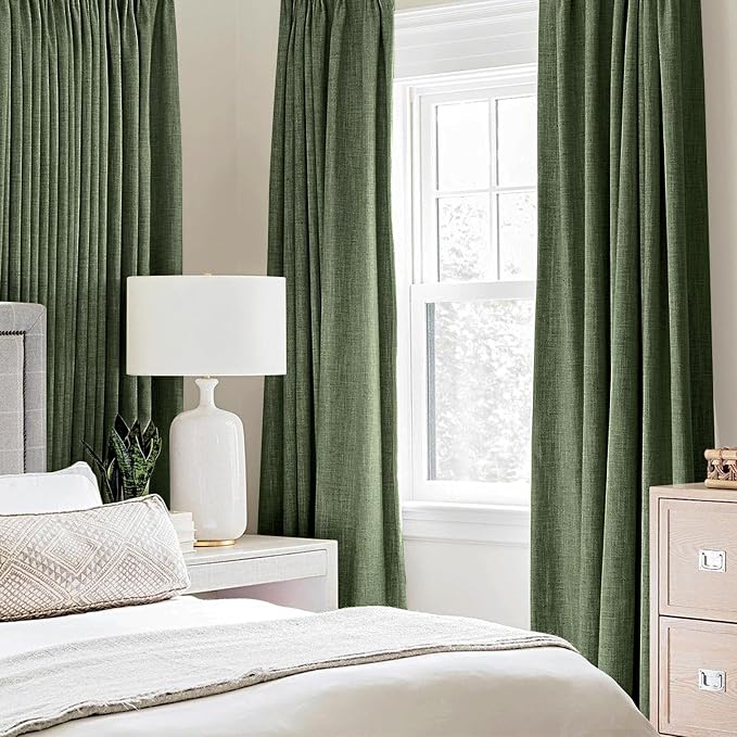 MIULEE 100% Blackout Linen Curtains for Bedroom 42x90 Inches Olive Green | Room Darkening, Light Blocking, Thermal Insulated, Grommet Top, Linen Textured, Window Curtains for Living Room, 2 Panels