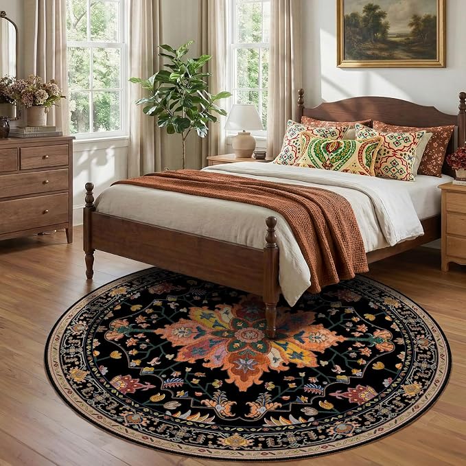 RELEANY Washable Area Rug, Round 8ft, Black/Colorful | Non-Slip, Water Repellent, Pet Friendly, Easy to Clean, Vintage Floral Boho Decor for Living Room Bedroom Dining Room