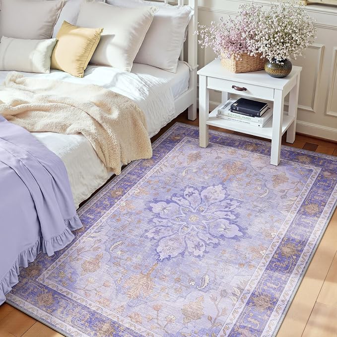 RELEANY Washable Area Rug, 3'x4', Purple | Non-Slip, Water Repellent, Pet Friendly, Easy to Clean, Vintage Floral Boho Decor for Living Room Bedroom Beside Kitchen
