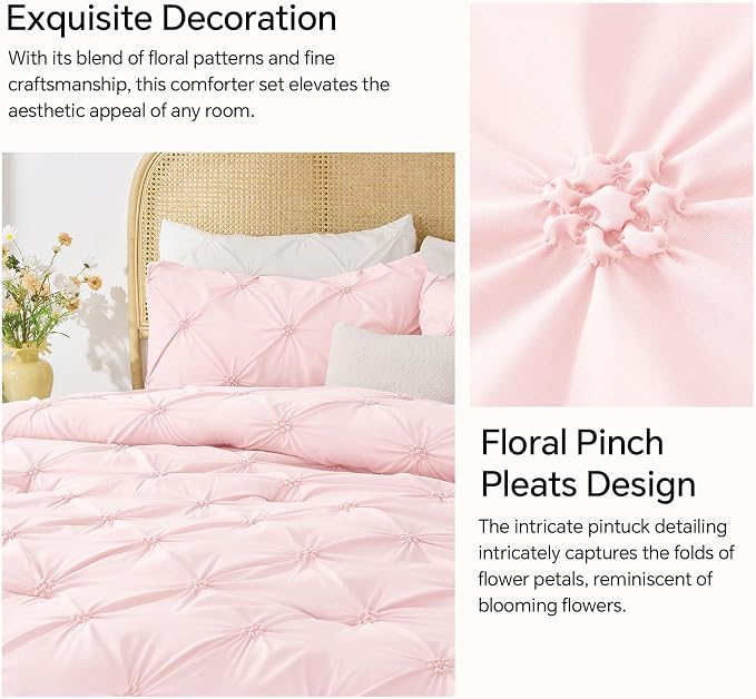 BEDELITE Queen Comforter Set Baby Pink,Lightweight & Soft Comforter | Pintuck Boho Bedding, Warm & Cute Bed Set for All Season,With 2 Pillowcases