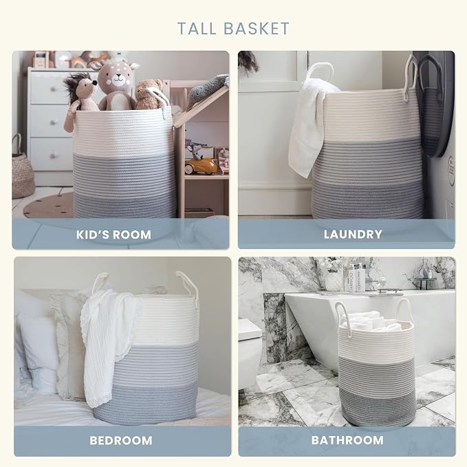 OrganiHaus Tall Cotton Rope Laundry Basket & Hamper, Blanket Storage 52L | 3-Toned Gray - Tall Cotton Rope Hamper, 52L