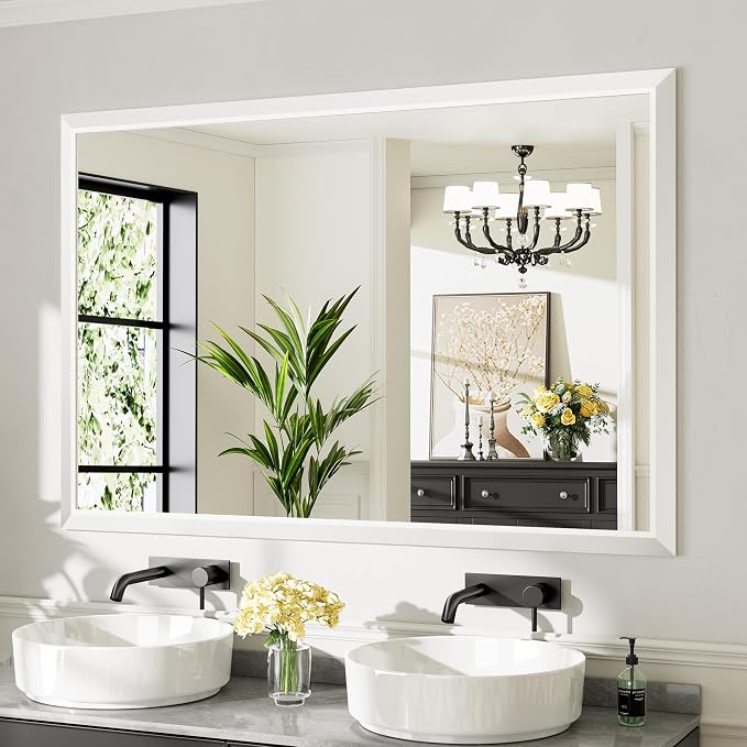 Bathroom Wall Mirror, White Metal Frame, 60x40 Inch | Anti-rust, HD tempered glass, for bathroom vanity, bedroom, living room, horizontal or vertical mount
