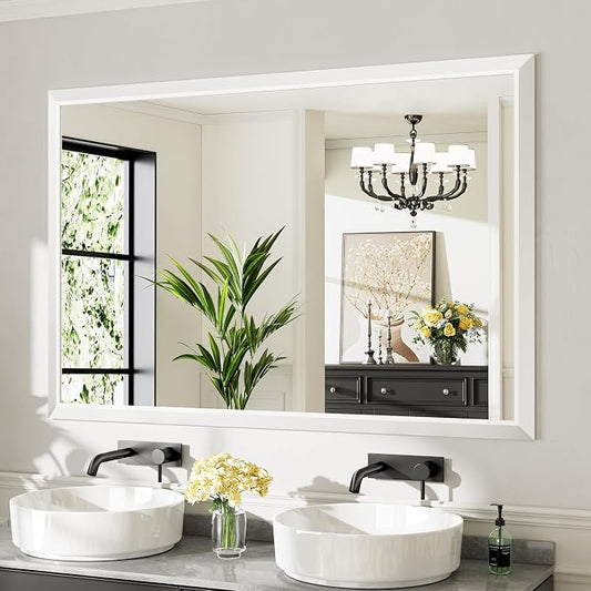 Bathroom Wall Mirror, White Metal Frame, 60x40 Inch | Anti-rust, HD tempered glass, for bathroom vanity, bedroom, living room, horizontal or vertical mount