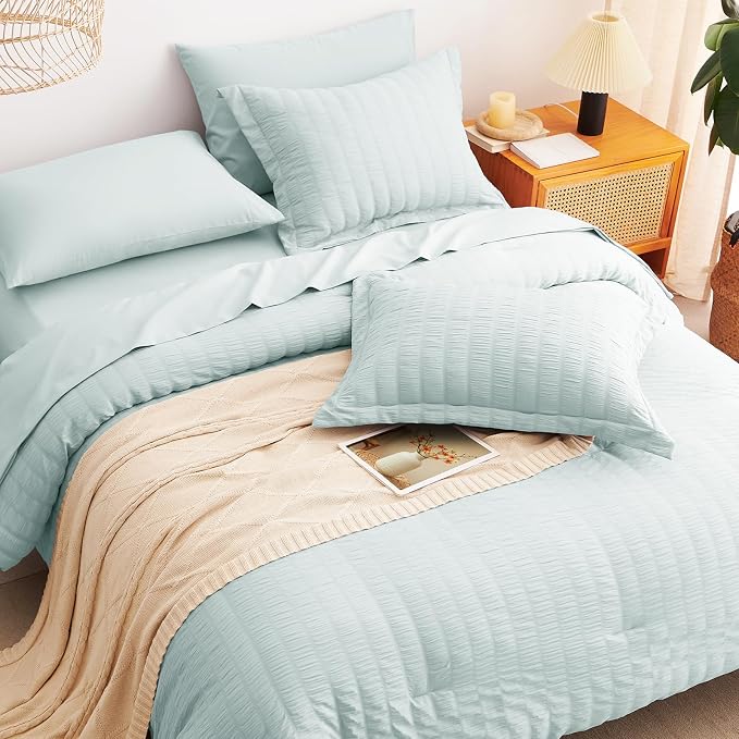 King Size Comforter Set, 7 Pieces Ice Blue Seersucker Bed in a Bag | OEKO-TEX Certified, All Season Bedding Set with 240 GSM Down Alternative Comforter, Flat & Fitted Sheets, Pillowcases & Shams