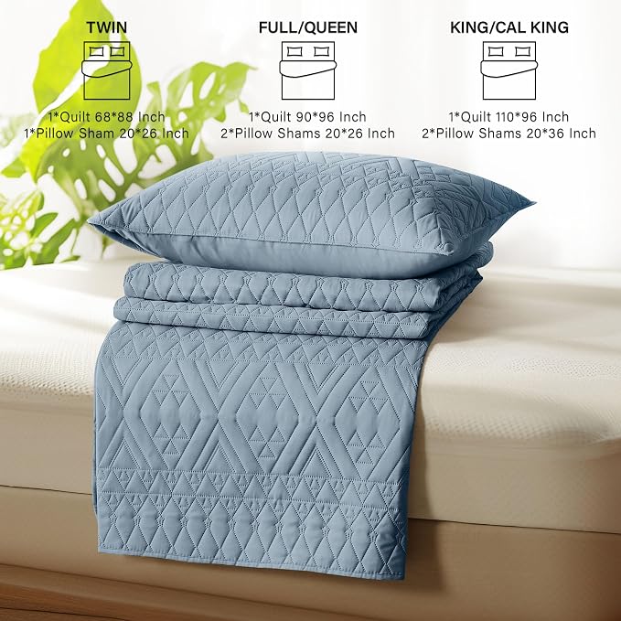 akkialla Twin Size Quilt Bedding Set,Dusty Blue Lightweight Microfiber Soft Bedspreads,Modern Style Geoetric Pattern Coverlet Set for All Seasons,2 Piece(1 Quilt,1Pillow Sham)