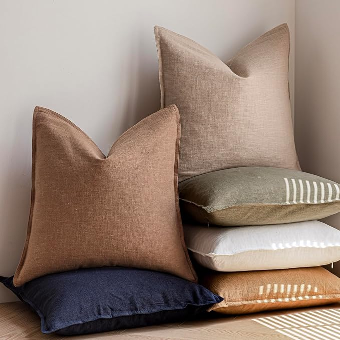 Foindtower Linen Solid Decorative Throw Pillow Covers 26x26 Inch Tan Beige | Boho Farmhouse Morden Pillowcase,Pack of 2 Soft Accent Cushion Covers,Rustic Home Decor for Chair Couch Bedroom Living Room