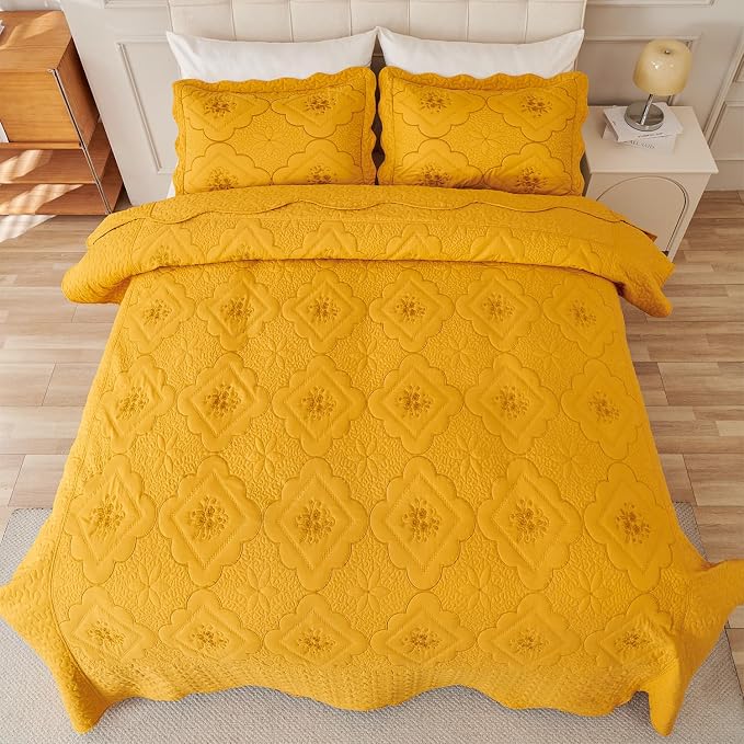 Cmfshape Queen Bedspread 90"x89" - Diamond Floral Pattern Stitching Quilt Set,Luxury Embroidery Bedding Set,Reversible Ultra Soft Lightweight Bedspread Coverlet for All Season,3 Pieces