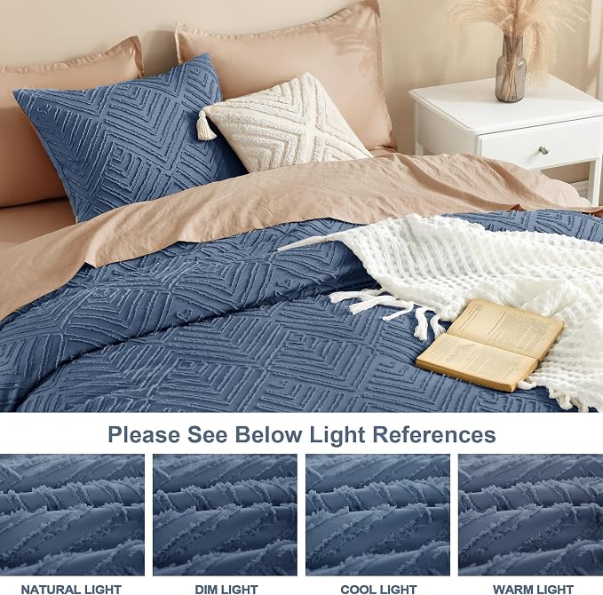 Litanika King Size Comforter Set, 3 Pieces Tufted Boho Bedding Set | Ocean Blue Farmhouse Shabby Chic Vintage Bohemian Textured Aesthetic Soft Fluffy Lightweight Breathable All Season Bed Set