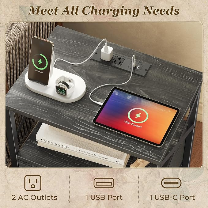Huuger Nightstand Set of 2 with Charging Station, USB-C Port, End Tables | Night Stand with 2 Drawer Side Table with Open Shelf, Bedside Table for Small Spaces, X Shaped Side Rail, Charcoal Black
