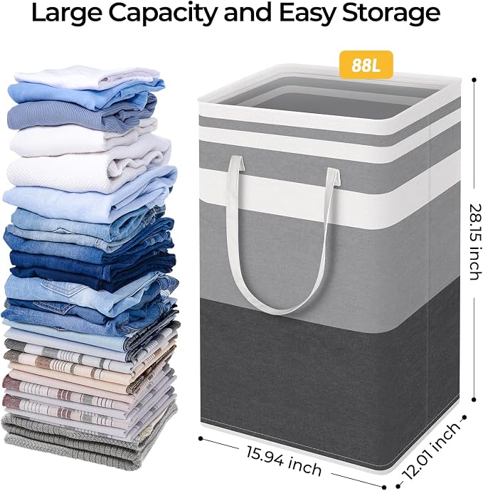 HomeHacks 2 Pack Laundry Baskets, Laundry Hampers Bags (Grey+Blue 88L) | Waterproof, Freestanding, Collapsible Clothes Hamper with Reinforced Handles in Laundry Room, Dorm, Bathroom, Bedroom
