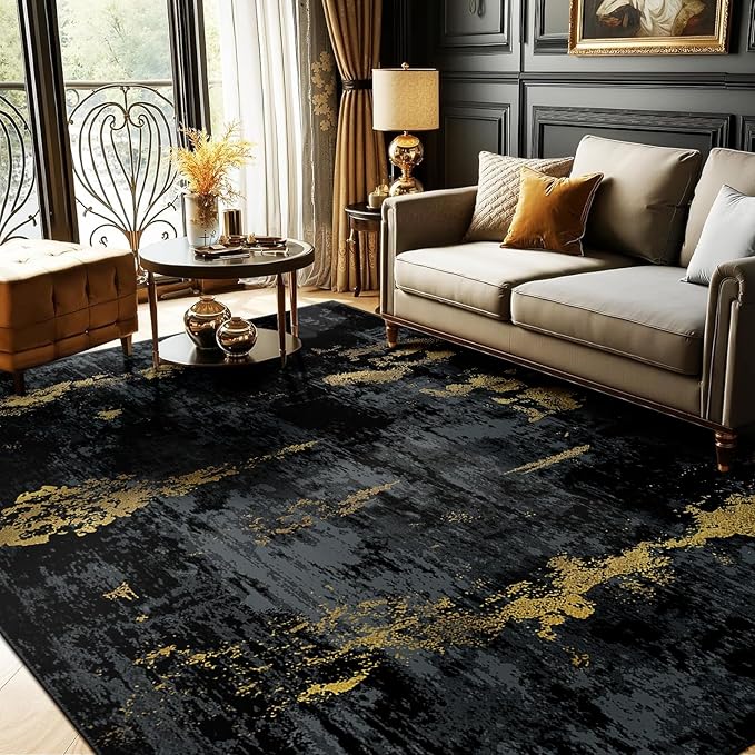 RELEANY Washable 8'x10' Abstract Area Rug for Living Room Black Gold | Carpet for Bedroom, Kitchen, Office, Hallway and Entryway, Printed Pattern, Non‑Slip, Soft, Stain‑Resistant, Easy to Clean
