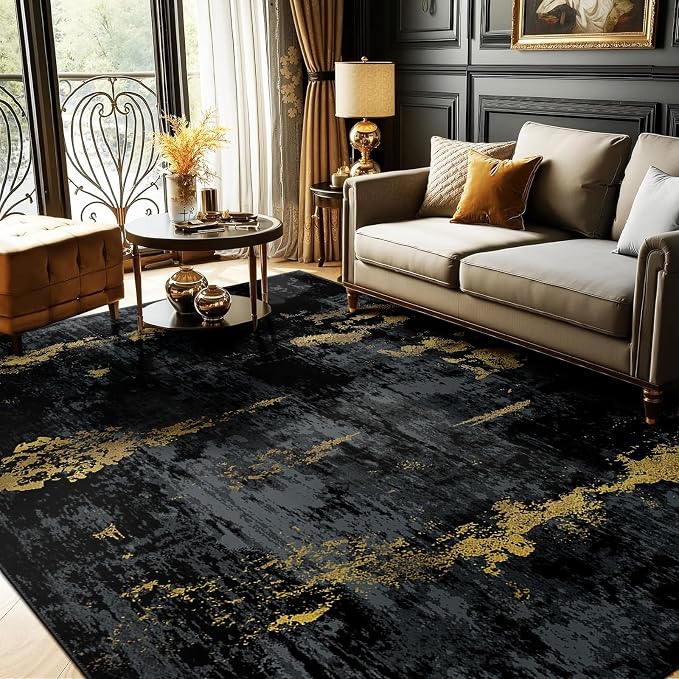 RELEANY Washable 9'x12' Abstract Area Rug for Living Room Black Gold | Carpet for Bedroom, Kitchen, Office, Hallway and Entryway, Printed Pattern, Non‑Slip, Soft, Stain‑Resistant, Easy to Clean