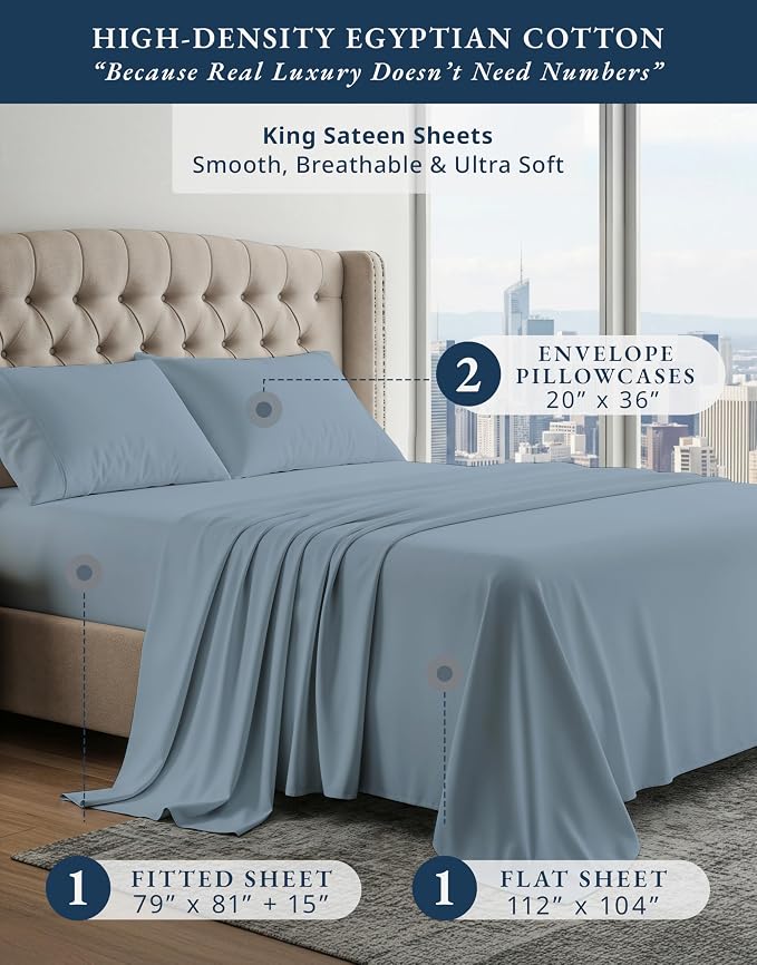 LANE LINEN King Sheets 100% Egyptian Cotton Sateen - French Blue | Cooling Sheets King Size - 4-Piece Set, For A Luxurious Night's Sleep, For A Silky Hotel-Style Bed, Luxe Sheen,