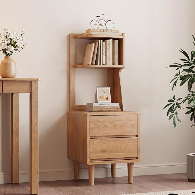 Solid Wood Bookshelf Nightstand Combo, Tall Nightstand with Bookshelf | Oak Nightstand Bookshelf,Solid Wood Nightstand with Drawers,Open Shelf Bookcase,for Bedroom,Living Room,Offices