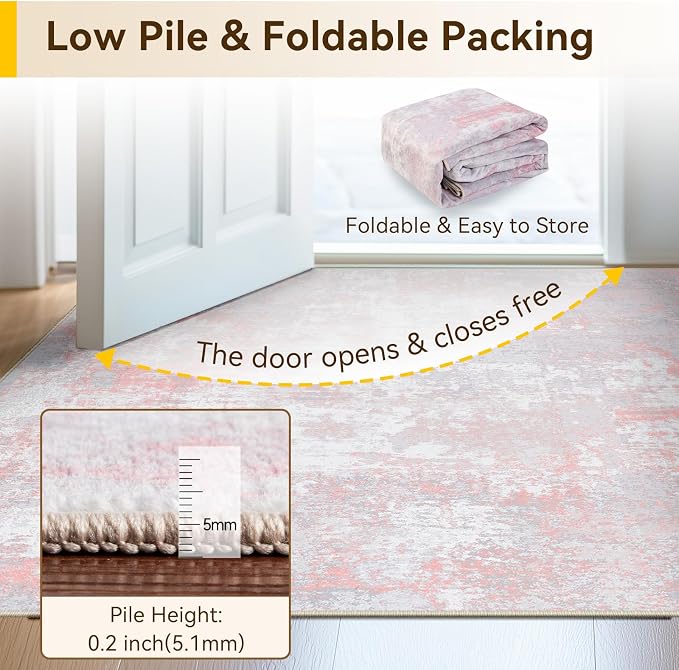 RELEANY Washable 3'x5' Abstract Area Rug for Living Room Gray Pink | Carpet for Bedroom, Kitchen, Office, Hallway and Entryway, Printed Pattern, Non‑Slip, Soft, Stain‑Resistant, Easy to Clean