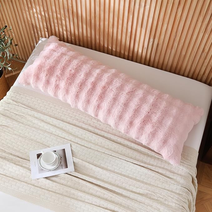 DOWNCOOL Premium Large Body Pillow Insert with Faux Rabbit Fur Cover - Large Full Body Pillows for Adults - Soft Long Bed Pillows for Side Sleepers - 20x54 inch (Pink, with Cover)