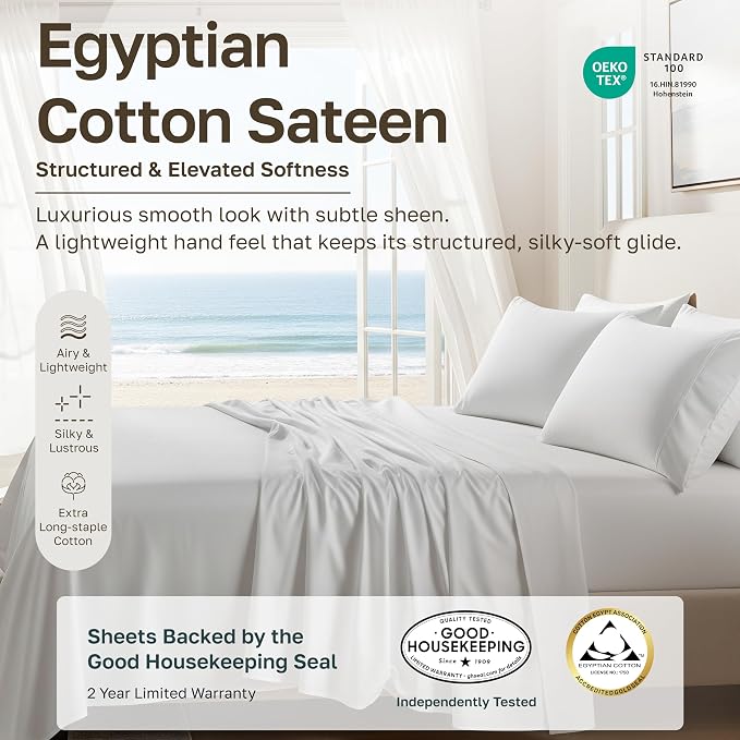 California Design Den Certified 100% Egyptian Cotton Full Size Sheets Set | Backed by Good Housekeeping Seal, Light & Airy Soft Sateen, 15" Deep Pocket, All-Around Elastic, 4pc Set - Meadow Grey