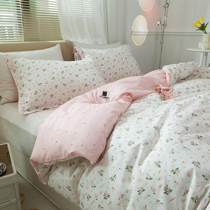 mixinni Small Floral Print Duvet Cover Full Flower Duvet Cover Set Soft Cotton Pink Reversible White Bedding Comforter Cover Zipper Closure 4 Corner Ties for Girls-Full Size