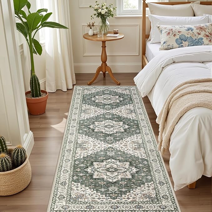 Hallway Runner Rug: 2.6x8 Kitchen Rugs for Living Room Green Ivory | Runner Rug Hallway Washable Rug No Slip Soft Bedroom Rug Indoor Floor Stain Resistant Carpets for Entryway, Laundry, Bathroom