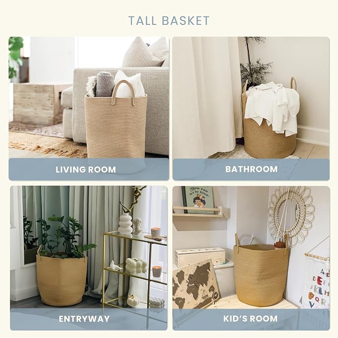 OrganiHaus Tall Cotton Rope Laundry Basket & Hamper, Blanket Storage 52L | Full Honey - Tall Cotton Rope Hamper, 52L