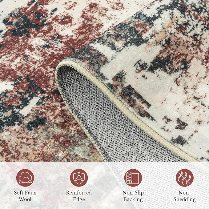 Rugflix 8x10 Area Rugs for Living Room, Washable Rust Brown Green Large Rug | Machine Washable; Stain-Resistant; Low Pile; Non-Slip; Modern Abstract; Carpet for Bedroom Dining Office Nursery Home