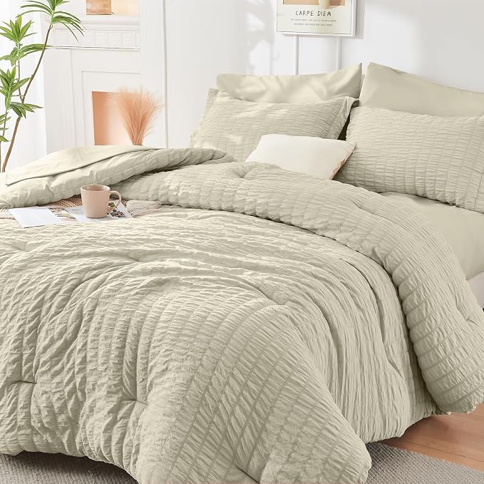 HYMOKEGE Light Linen Twin XL Comforter Set Seersucker 5 Pieces, All Season Luxury Bed in a Bag for Bedroom, Bedding Set with Comforter, Sheets, Pillowcase & Sham