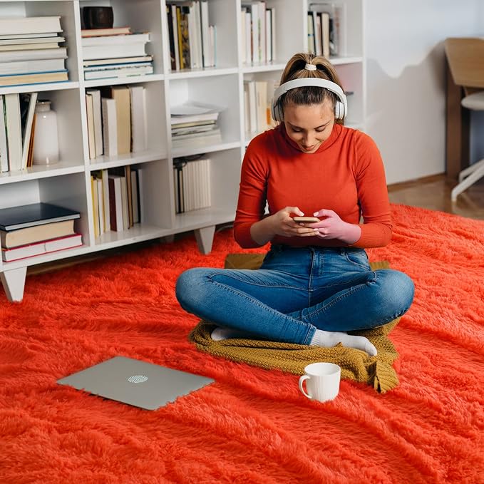 Soft Modern Indoor Shaggy Area Rug for Bedroom Livingroom Dorm Kids Room Home Decorative, Non-Slip Plush Fluffy Furry Fur Rugs Comfy Nursery Accent Floor Carpet 5x8 Feet, Orange Red
