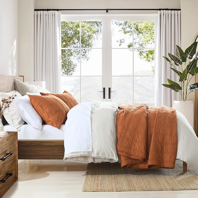 HORIMOTE HOME 100% Cotton Quilt King Size Burnt Orange Bedspread, Pre-Washed 3-Piece Cozy Lightweight Decorative Bedding Cover Coverlet Set with 2 Shams in Geometric Pattern for All Season
