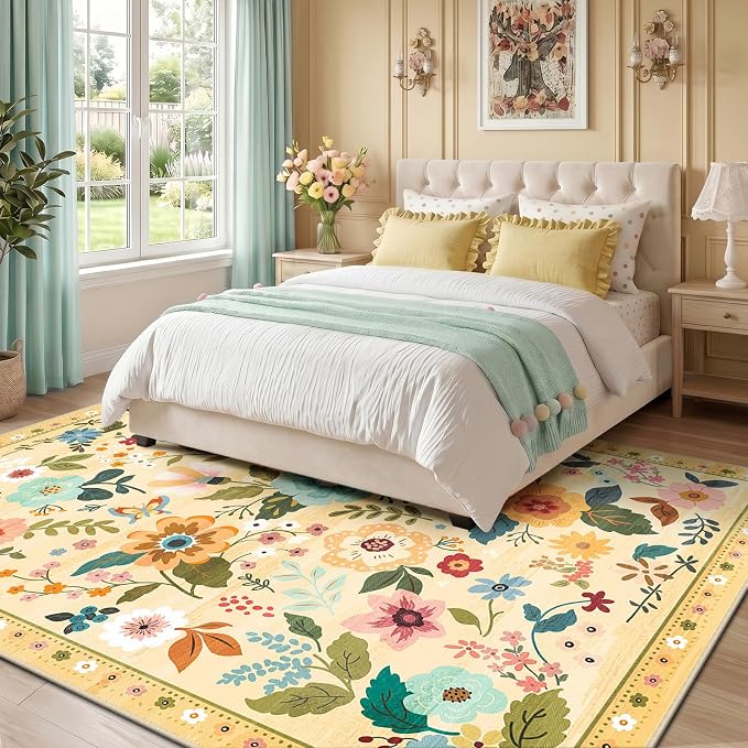 RELEANY Floral Washable 9x12 Area Rugs Yellow/Orange | Flower Carpet, Print, Boho, Non-Slip, Easy to Clean, Soft, Low Pile for Living Room Bedroom Kitchen Office Entryway Hallway