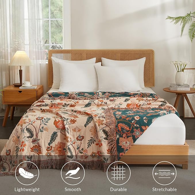 Boho Throw Blanket for Couch Sofa Bed, 100% Cotton Woven Quilt with Tassel 60”x80”, Super Soft Muslin Blanket with Floral Printed, Decorative Reversible Bed Blanket/Cover for All Seasons