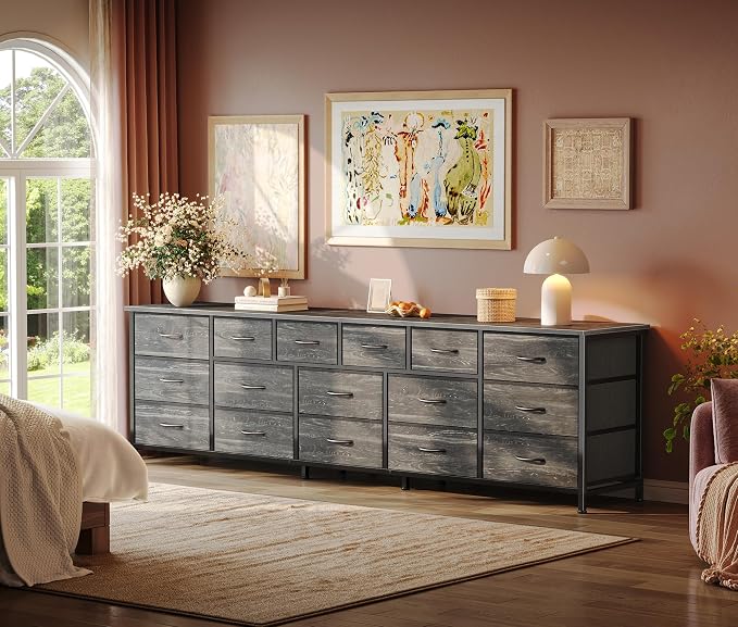 Huuger 77.6" Long Dresser for Bedroom, 16 Drawer Fabric Dresser for Closet, Wide Chest of Drawers with Storage, TV Stand for 65, 75, 85 Inch TV, 77.6" W x 13" D x 26.4" H, Charcoal Black