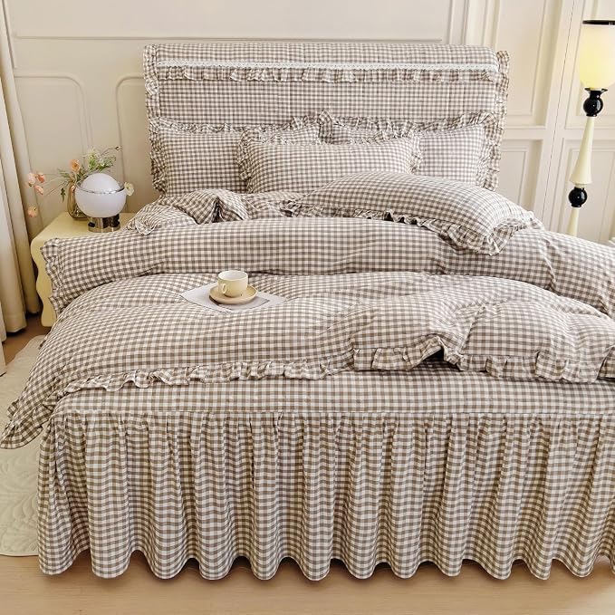 LifeTB Queen Comforter Set Tan Gingham Comforter Ruffle Beige Taupe Plaid Comforter Set 3 Pieces Fluffy Vintage Checkered Grid Bed Comforter with 2 Pillowcases Gingham Bedding Set Queen