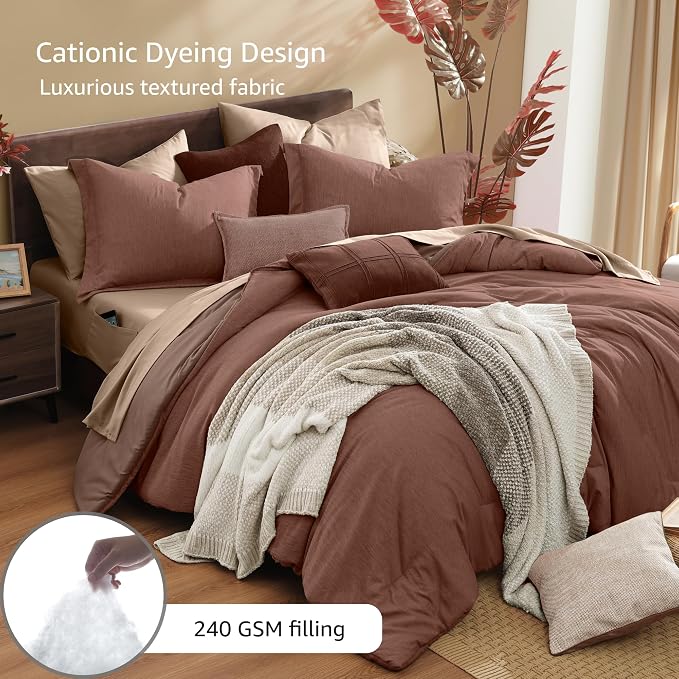 Monbix King Comforter Set 7 Pieces Terracotta Cationic Dyeing Bed in a Bag | Lightweight Reversible All Season Bedding Sets with Comforter, Sheets, Pillowcases & Shams