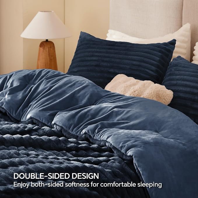 BEDELITE Fleece Queen Comforter Set, Fluffy Bed Set, Navy Blue | Super Soft & Warm Bedding, Luxury Fuzzy Faux Fur Comforter for Winter, Heavy Plush Bedding, with 2 Pillowcases
