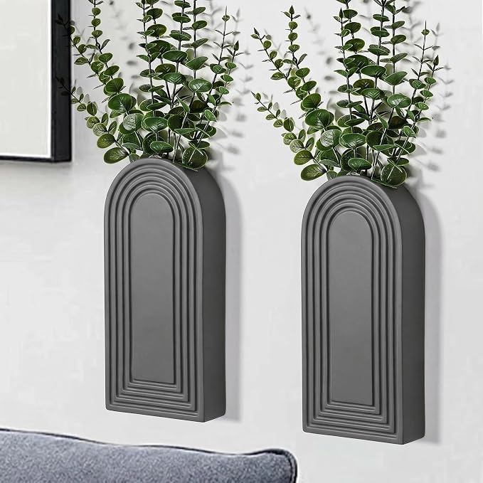 Dnnnii 2 Pack Wooden Wall Vase Set - Gray Finish Modern Farmhouse & Boho Wall Decor for Entryway, Hallway, Bathroom, Living Room, Dining Room, Narrow Spaces