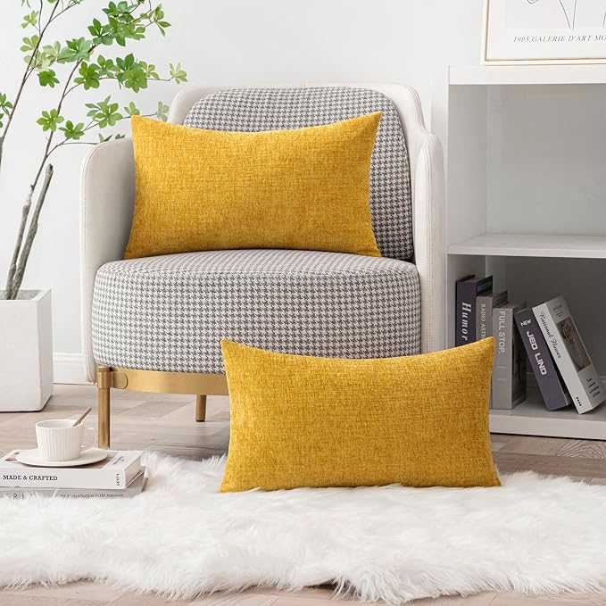 MIULEE Chenille Lumbar Throw Pillow Covers Mustard Yellow 12x20 Pack of 2 | Soft Modern Home Decor, Classic Decorative Pillows, Solid Dyed Cases, Boho Couch Cushion Covers for Sofa Bed Living Room