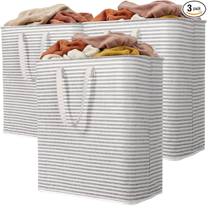 Lifewit 3 Pack Laundry Basket 100L Each, Collapsible Clothes Hamper with Reinforced Handles, Freestanding Waterproof Design for Bedroom and Laundry Room, Grey 300L Total