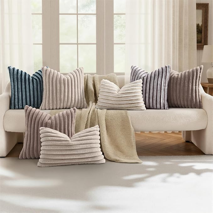 decorUhome Fall Faux Fur Throw Pillow Covers 22x22 Set of 2 Tan | Decorative Soft Cozy Striped Plush Modern Farmhouse Boho Couch Pillow Cases Velvet Back for Sofa Bed Living Room Home Decor