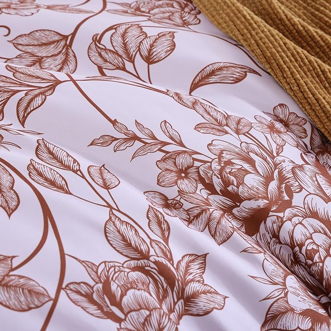 JANZAA Queen Size Comforter Set - Terracotta Floral Shabby Chic Bedding | 3 Piece Cute Floral Bedding for All Season, 1 Soft Fluffy Breathable Microfiber Comforter Set with 2 Pillowcases