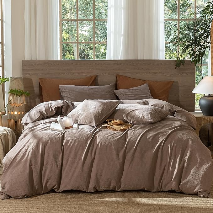 MooMee Wavy Striped Duvet Cover Set 100% Washed Cotton Linen Like Textured Breathable Durable Soft Comfy (Brown, Queen 90"x90")