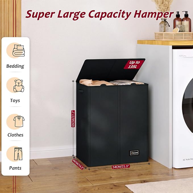 135L Laundry Hamper 2 Section, Large Laundry Hamper with Lid, Dirty Clothes Hamper with 2 Removable Inner Bags, Collapsible Laundry Basket Organizer for for Clothes Toys Towels, Hamper 2 Compartment