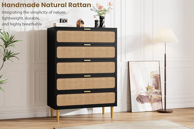 GarveeHome Rattan 5 Drawer Dressers for Bedroom, Deep Drawer, Black | Tall Dresser, Wide Top, for Living Room, Hallway, Kids Room, Large Chest of Drawers for Closet, Long Wooden Dresser