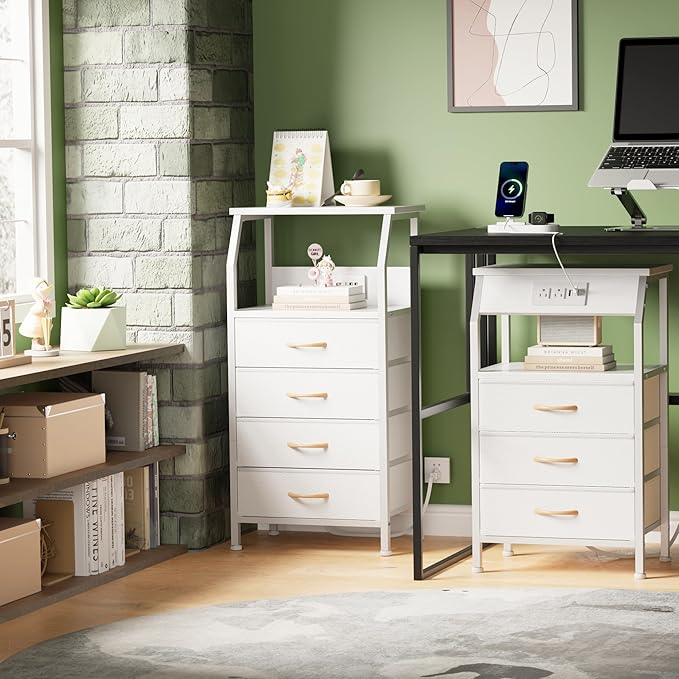 Furnulem White Nightstand with Charging Station, 3 Drawers Bedside Table | 28.3 Inch Tall Dorm Night Stand with Fabric Drawers, Storage End Table with Outlets, Small Dresser for Bedroom, 3 Ways to Use