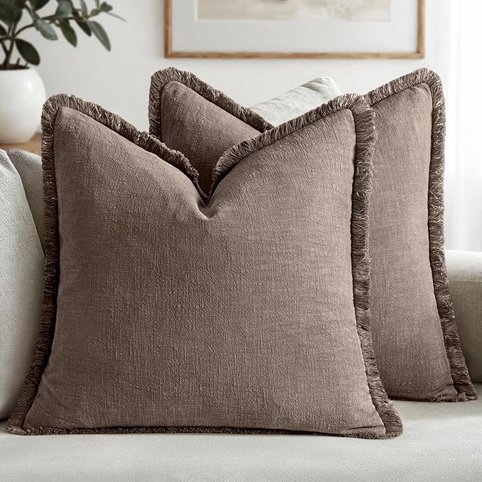 MIULEE Linen Decorative Fall Euro Throw Pillow Covers Malt Ball 26x26 | Set of 2, Cottagecore Decor, Boho Farmhouse Neutral Pillow Covers, Rustic Fall Fringe Couch Cushion for Sofa Bed Living Room