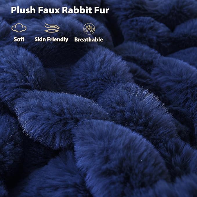 LIFEREVO Fluffy Faux Rabbit Fur Body Pillow Cover 20"x54", Navy Blue | Luxury Bubble Waffle Shaggy Bed Pillowcase with Hidden Zipper, Decorative Royal Long Fuzzy Pillow Case for Adults Kids Girls