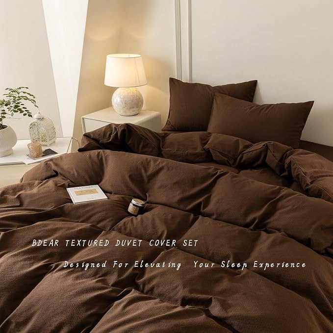BDEAR 3Pcs Cocoa Brown Pinstriped Duvet Cover Set King Size 104''Wx90''L | Light Weight Design, 1 Duvet Cover with 2 Pillowcases, Zipper Closure, OEKO TEX Standard,8 Corner Ties, Skin Friendly